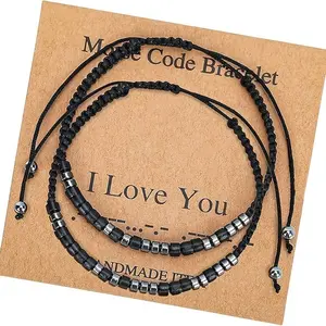 2Pcs Morse Code Bracelets for Women Men, String Bracelets, Inspirational Bracelets Gifts for Couples Mom Daughter Best Friend Adjustable bracelets with Black Hematite Beads