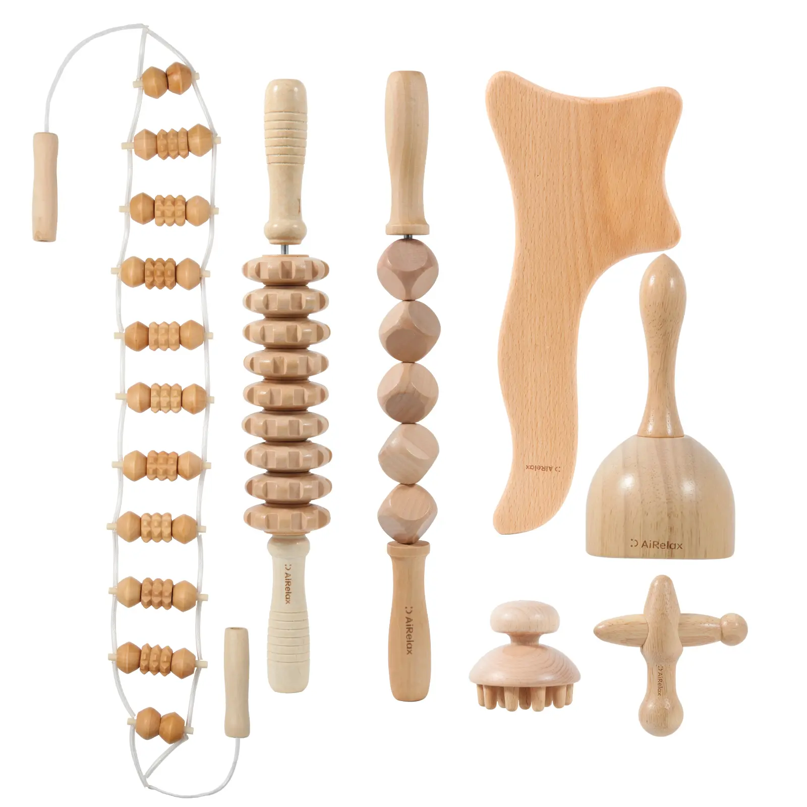 7-Pack Skin-Friendly Wood Therapy Massage Tools Kit - Maderoterapia Colombiana, Gua Sha, Cellulite Removal, Lymphatic Support, Muscle Roller Stick for Hip & Full-Body Body Care