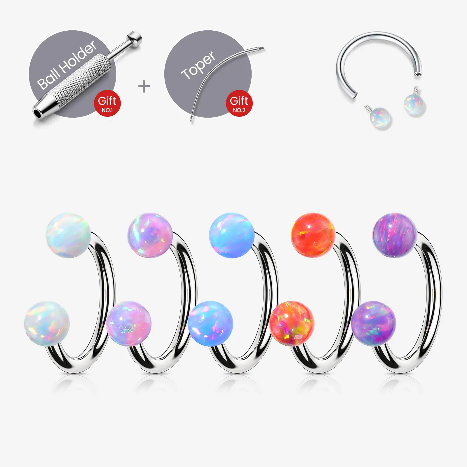 18G Titanium Opal Horseshoe Ring Nose Hoop Ring Septum Ring, Internally Threaded Spherical Design Opal Jewelry for Helix, Daith, Snug, Conch Piercing - For Women and Men