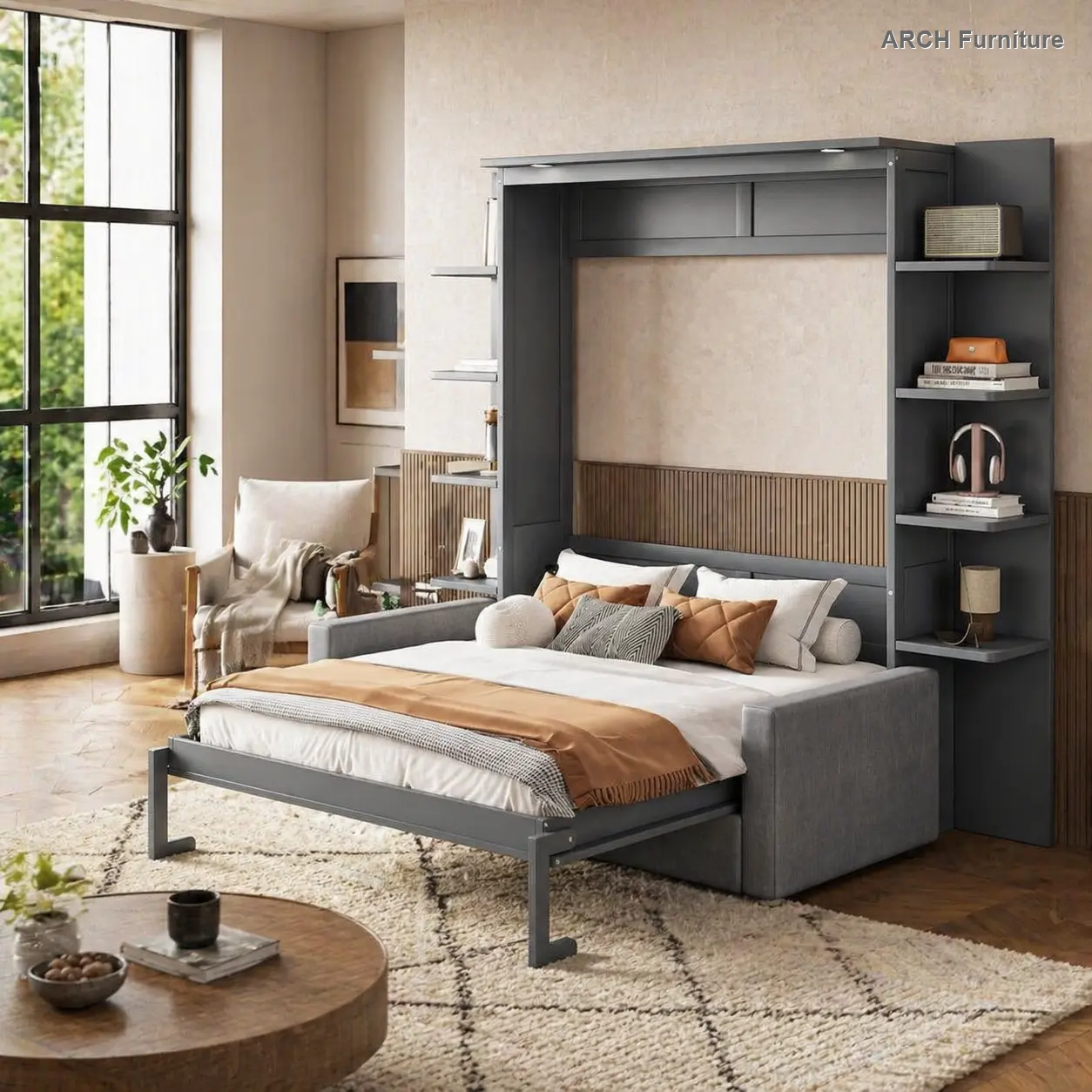 ARCH Modern Durable Gray Queen Size Laminated Wood Pull Out Murphy Bed with Sofa, Space-Saving Indoor Furniture Set, 10-in Max Mattress Compatibility, Home Gym Ready, 86.9"l x 90.4"w x 87.6"h, Some Req. Assembly (Old SKU: LP000591AAE-1),sohochic