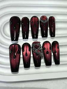 10pcs Vampire Red Cat Eye Press-On Nails – Blood Drop Rhinestone Gothic Set