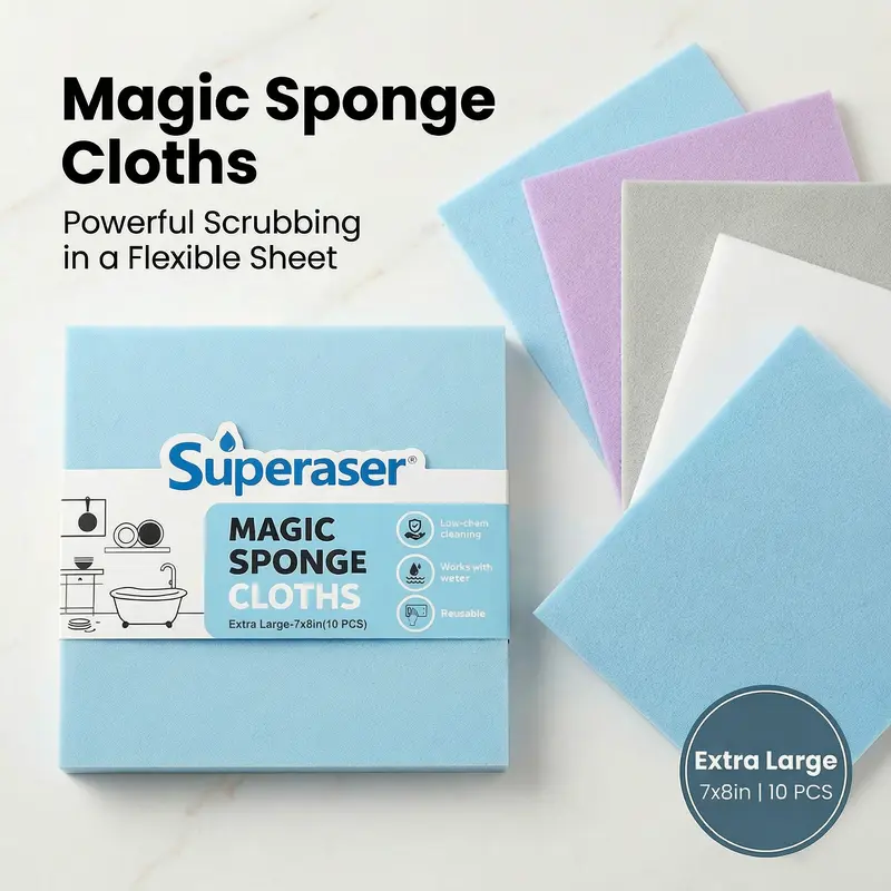 Superaser Magic Cleaning Sponge Cloth All Purpose for Home Cleaning Chemical Free Magic Sponge Water Only Cleaning for Kitchen Shoes Wall