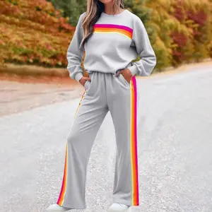Oversized Rainbow Stripe Hoodie Set|     Cozy Two-Piece Outfit|     Must-Have Comfort Wear|     Rainbow Stripe Hoodie Pants Set|Round-neck loose-fit striped elastic-waist sweatpants and sweatshirt