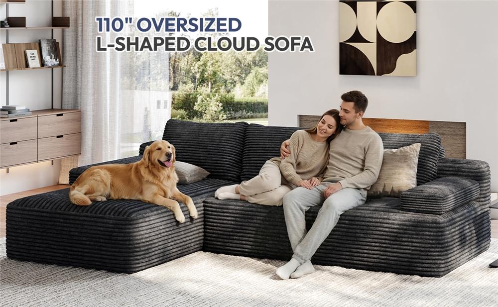 【Crazy Price】Yaheetech 110"W L-Shaped Boneless Memory Foam Sectional Sofa with 2 Packages, CompressedCorduroy Sectional Couches Oversized Deep Seat Removable Pillow Covers Pet-Friendly No Assembly for Living Room Apartment