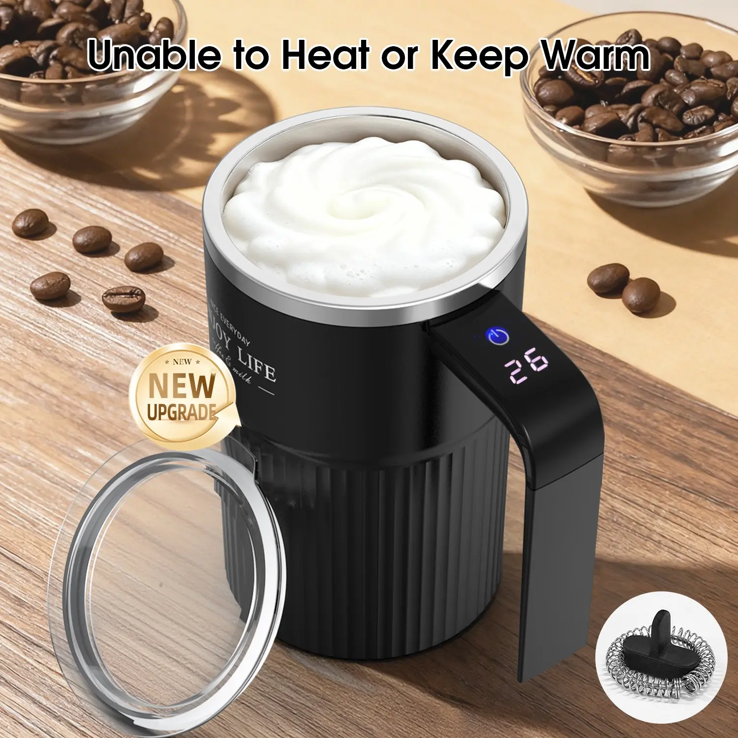 Upgraded Milk & Coffee Frother Stirring Mug, Drink Foamer, Beverage Mixer, Durable, Intelligent Temperature Display, USB Rechargeable Drink Mixer, Automatic Stirring Cup, Suitable for Coffee, Tea & Hot Chocolate