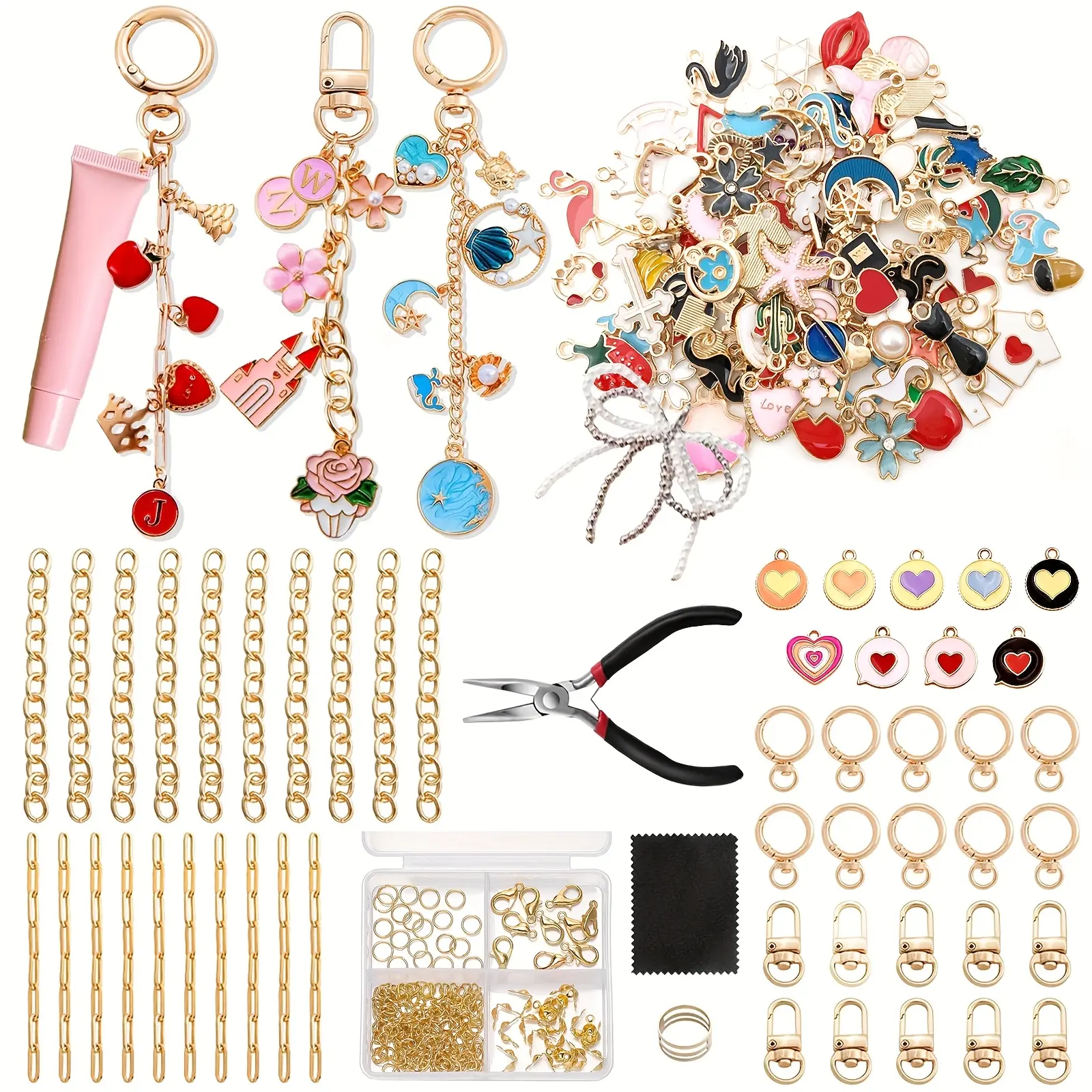 Complete Keychain Making Kit with Clips, Extender Chains, Charms & Jewelry Plier - DIY Crafting Supplies for Bag Charms, Keychains, - with ized Charms (Beginners & Experts) - One-Stop Crafting Bundle for all Skill Acrylic Beads Mix Bead Sequin