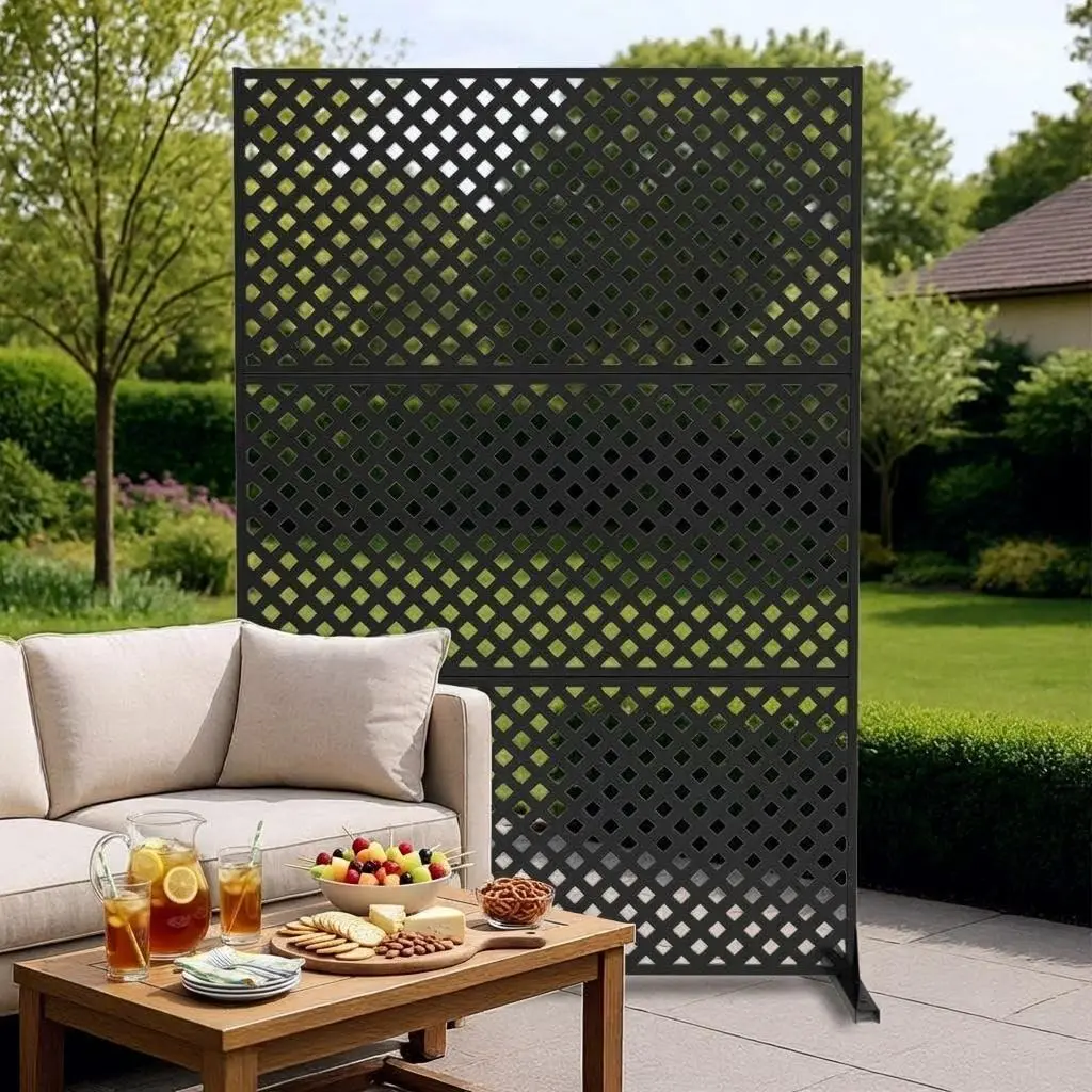 72"h×47"w Galvanized Steel Outdoor Privacy Screen - Rustproof Cutout Lattice Freestanding Panel with Ground Stake Set, Traditional Black Patio Balcony Divider, Freestanding Setup