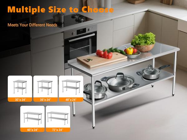 ROVSUN 30/36/48/60/72'' x 24'' Stainless Steel Table for Prep & Work,Commercial Worktables & Workstations, NSF Heavy Duty Metal Table with Adjustable UnderShelf & Backsplash for Kitchen, Restaurant,Home,Hotel