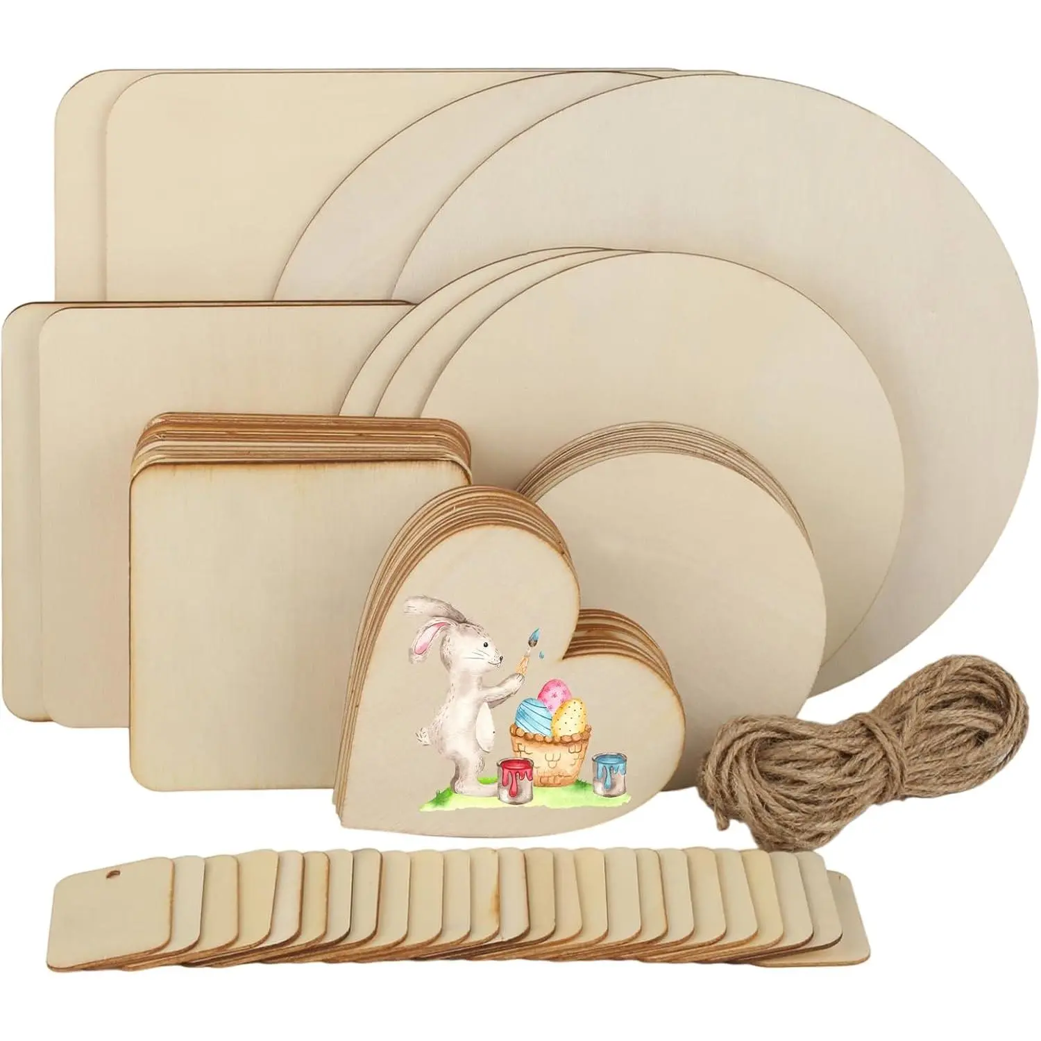 65 Pieces Untreated Wooden Board for Crafts, Round Square Heart-Shaped Wooden Discs Blanks Pyrography Painting Writing Staining Wooden Plate Set for DIY Crafts, Party Decoration