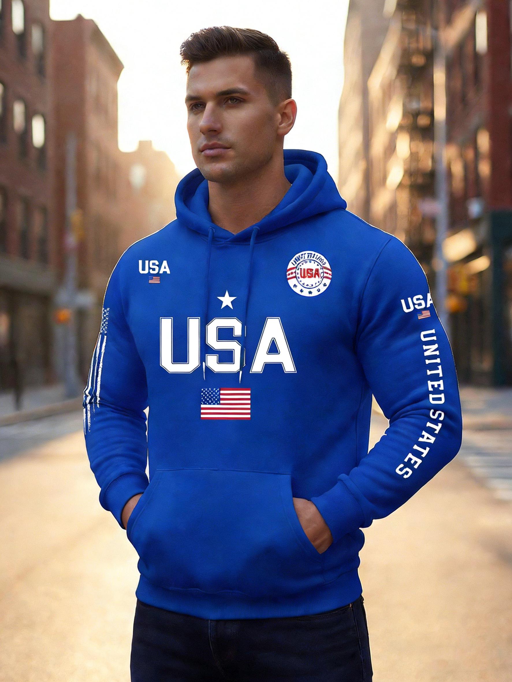 USA flag print hoodie men's fleece sweatshirt, United States letter print unisex casual knit fabric pullover for students and couples fashion hoodie for autumn and winter, 2026 spring pullover hooded sports hoodie