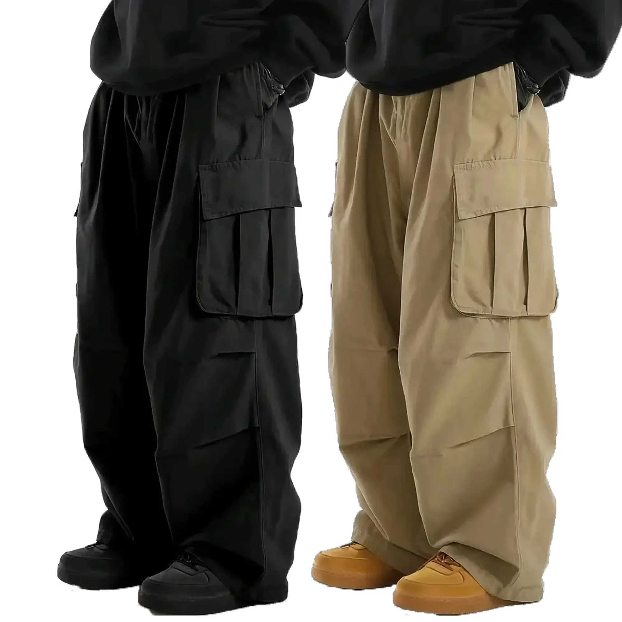 Men’s American workwear pants — wide-leg parachute pants with multiple pockets; Japanese street-style casual long pants Menswear Trouser Wideleg  Streetwear Plain