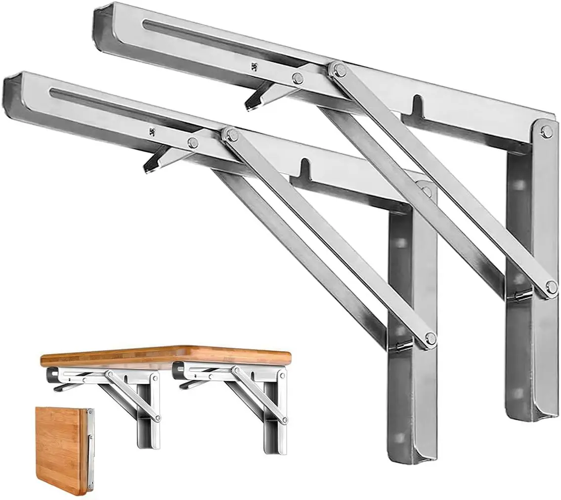 2PCS Folding Shelf Brackets - Heavy Duty Stainless Steel Collapsible Shelf Bracket for Bench Table, Space Saving DIY Bracket
