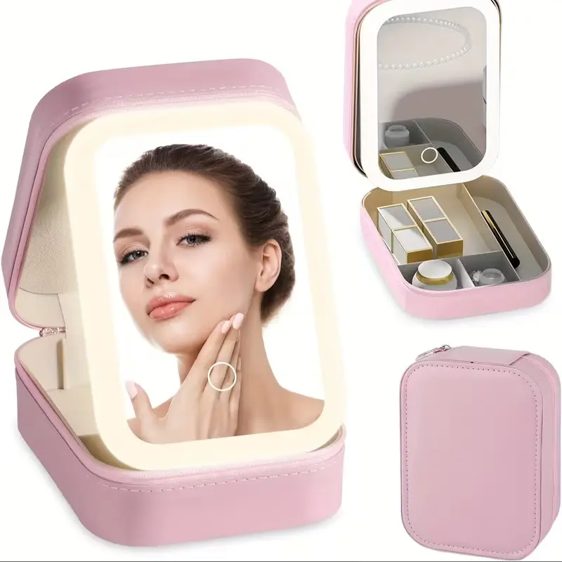 Travel Makeup Mirror Case with LED – 3 Color Light, Rechargeable Cosmetic Organizer