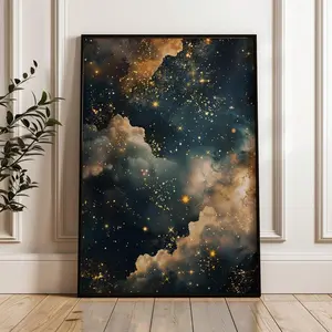 Moody Celestial Wall Art, Dark Academia Star Print, Gothic Night Sky Poster, Abstract Starry Night Artwork, Gold Accents, 5 Size, 8x12 to 27x40 inch, Room Decor, Unframed