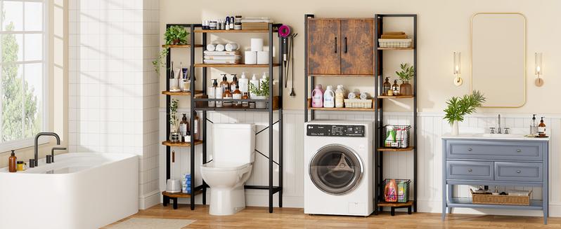K1 Heavy Duty 7-Tier Over The Toilet Storage（With Basket and Paper Hook）Freestanding Above Toilet Shelf with Adjustable Feet，Space Saver Bathroom Shelves 9.3"D x 33.5"W x 63.8"H，Rustic Brown