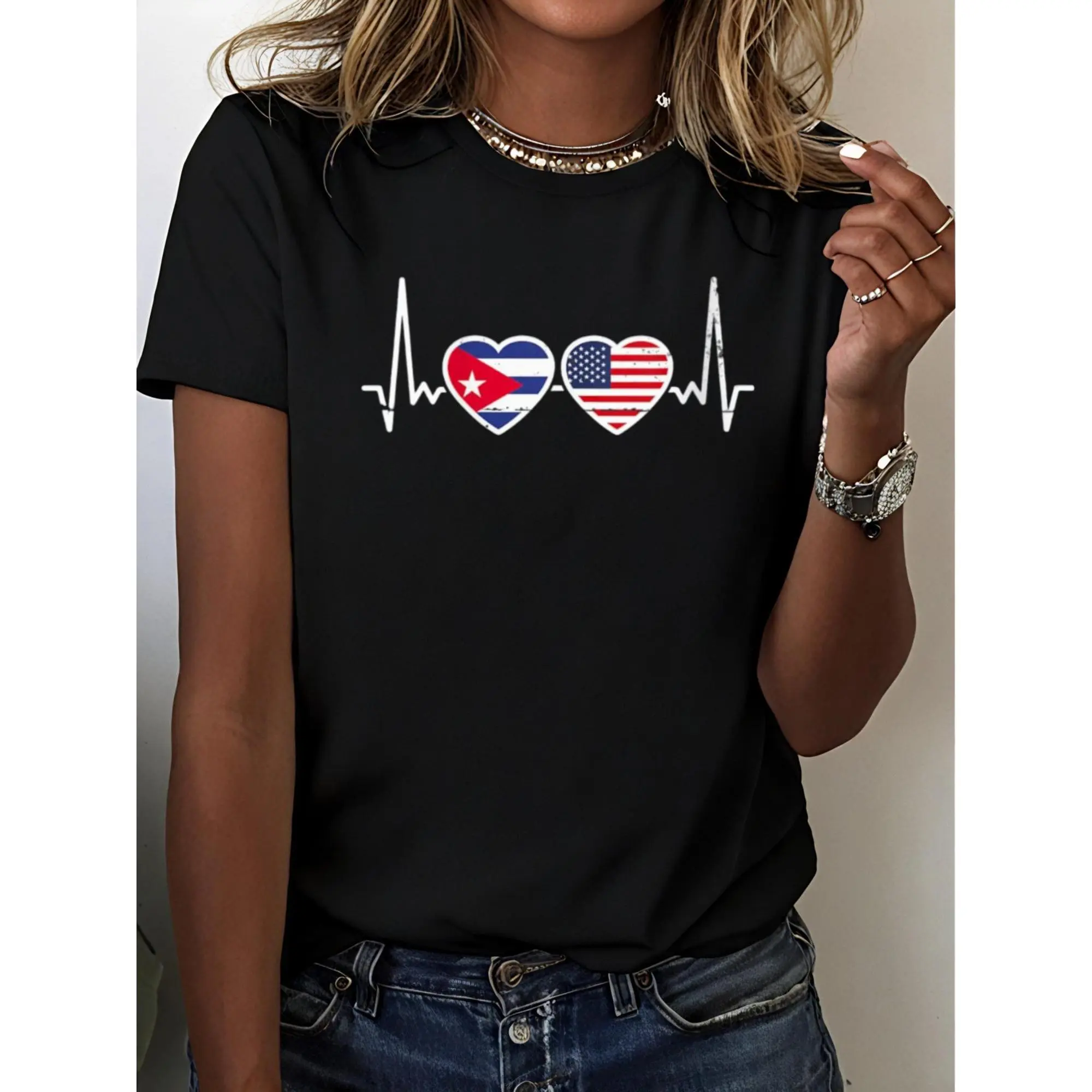 Women's Pure Cotton Fitted Short-Sleeve Round Neck T-Shirt - New Year Themed, Preppy Retro Vintage Korean Cartoon Figure Print, USA-Cuba Heartbeat Print, Cuba Pride Casual Top, No