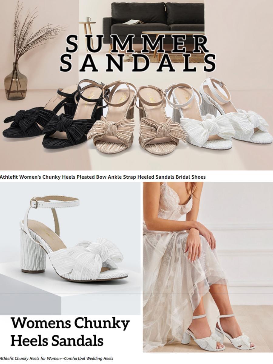 Athlefit Women's Open Toe Chunky Heels Pleated Bow Ankle Strap Heeled Sandals Wedding Bridal Shoes Footwear Girl Summer