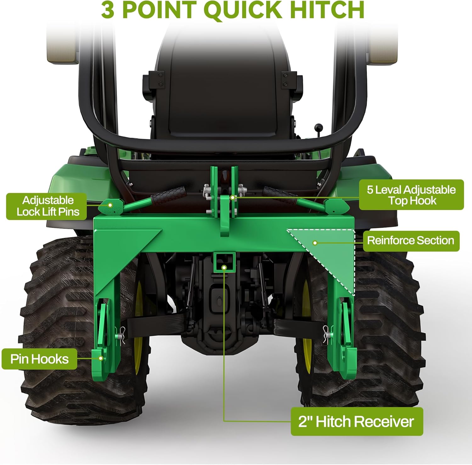 YITAMOTOR 3 Point Quick Hitch Attachment for Category 1 Tractors, 3000LBS Heavy Duty 3 Pt Tractor Hitch with 2" Receiver, Adjustable 5 Level Bolt for Farm & Ranch Equipment