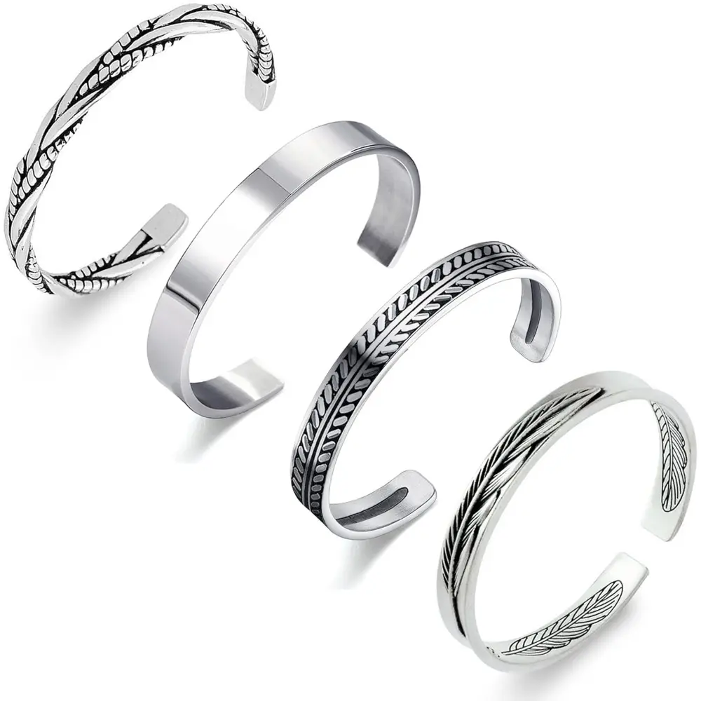 4Pcs Men's Cuff Bracelets Silver Cuff Bracelet Leaves Pattern Twisted Open Cuff Bracelet jewelry