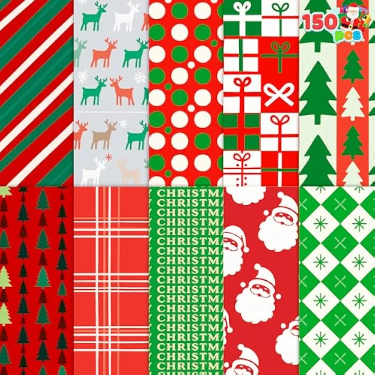 JOYIN 150 Sheets Christmas Wrapping Paper, 20''x20'' Xmas Tissue Papers Bulk for Holiday Party Supplies, Craft Decor, Assorted Designs with Christmas Tree Elk for DIY Crafts, Bag&Box Gift Wrapping