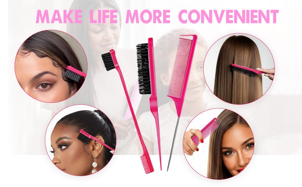 3 Count Comb Set for Teasing Edge and Back Brushing Rat Tail and Edge Combs Hair Stick for Styling Women's Haircare Smooth Heatless (Rose Pink)