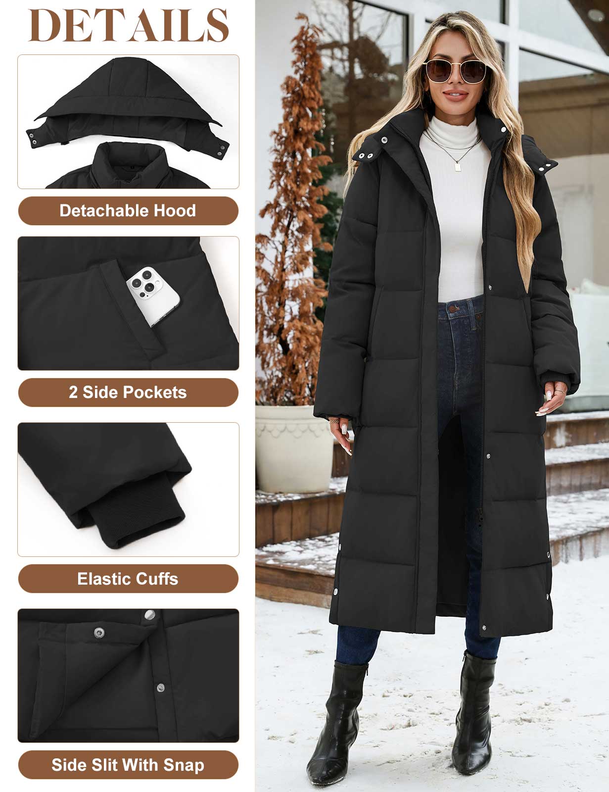 UMIPUBO Winter Women's Long Maxi Down Coat Winter Puffer Jacket Warm Padded Outerwear Faux Fur Removable Hood Parka Full-Zip Black Casual