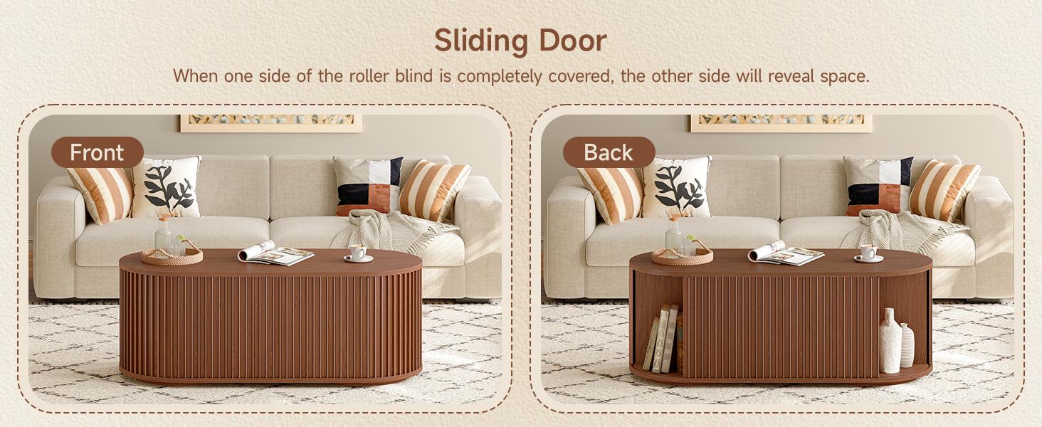 ONBRILL 47" Multi-Functional Coffee Table with Storage, Oval Coffee Table with Vertical Striped Sliding Door & Round Base, Mid-Century Modern Center Table with Adjustable Shelf for Living Room ONBRILL 47" Multi-Functional Coffee Table with Storage, Oval Coffee Table with Vertical Striped Sliding Door & Round Base, Mid-Century Modern Center Table with Adjustable Shelf for Living Room