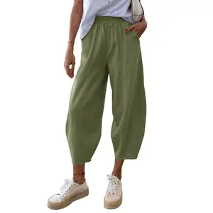 Cicy Bell Women's Summer High Waisted Baggy Pants Casual Cotton Harem Capris Slacks with Pockets Breathable Lightweight Soft Minimalist Blueish Grey Trouser