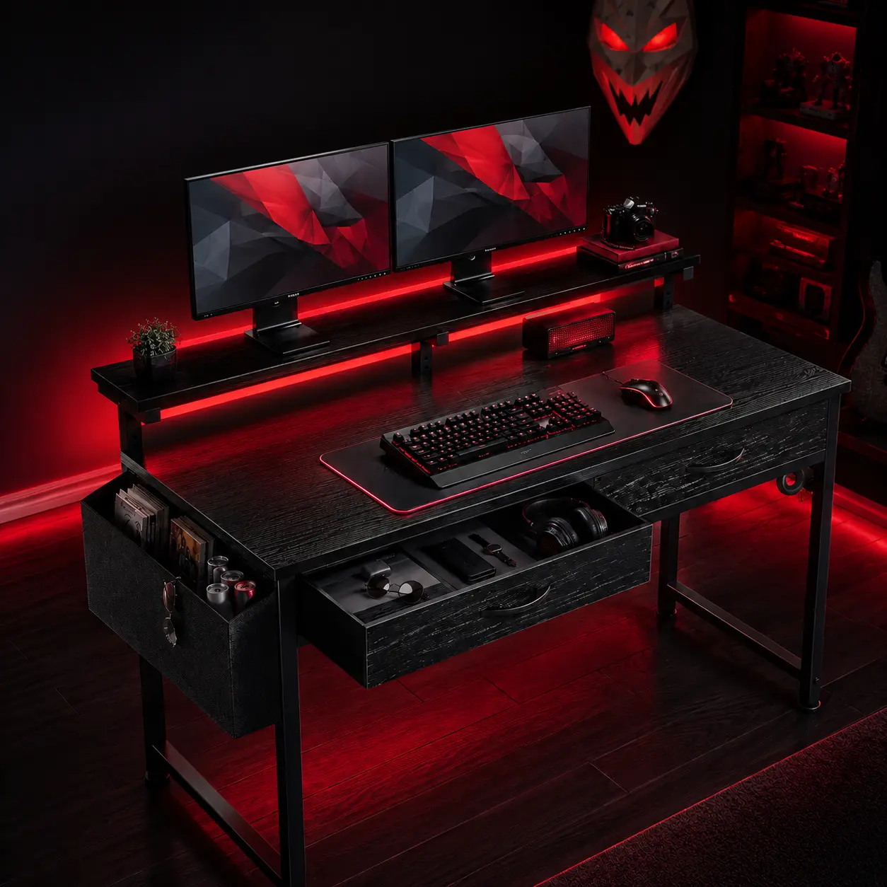 【College Back to School】39‘’ Compact Study Desk with 2 Storage Drawers,Gaming desk perfect for Apartments & Dorm-style Rooms,Computer desk with LED light, Home-Office Desk with Monitor Stand,Writing Table with Anti-Tip Design, Easy to assemble,Black