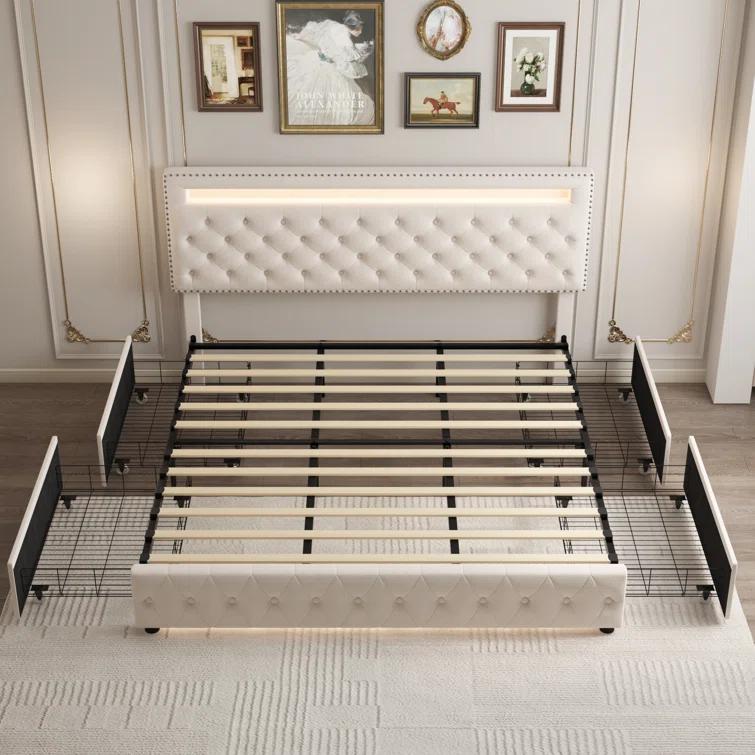 GEGOFORU Queen LED Storage Bed Frame with 4 Drawers, Smart RGBW Lights in Headboard & Footboard, App & Remote Control, Quiet Upholstered Platform Bed, Off-White PU / Velvet, No Box Spring Needed GEGOFORU Queen LED Storage Bed Frame with 4 Drawers, Smart RGBW Lights in Headboard & Footboard, App & Remote Control, Quiet Upholstered Platform Bed, Off-White PU / Velvet, No Box Spring Needed