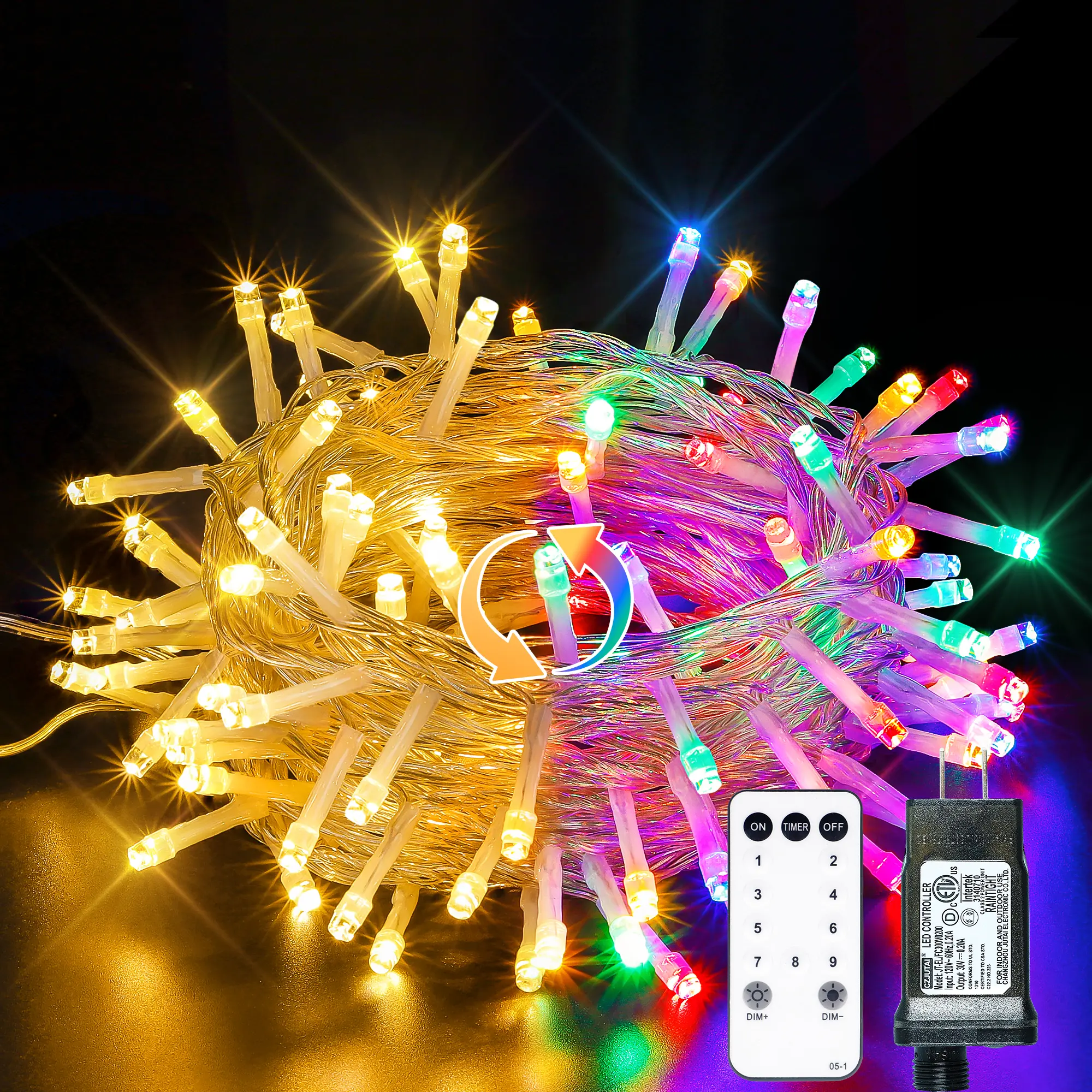 Woohaha 33ft 100 LED Color Changing String Lights Plug in, Warm White & Multicolor Christmas Tree Lights for Indoor & Outdoor Decor - Living Room Wedding Decorating