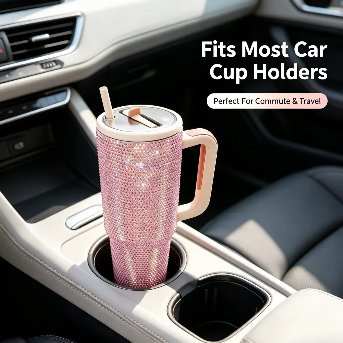 40oz Pink Rhinestone Stainless Steel Insulated Tumbler - Steel Inner, Lid, Detachable Handle, Straw, Lightweight Leakproof Car Stowing Accessory for Car Lovers' Daily Commute, Women's Glam Water Bottle, Ideal Gift