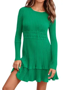 Wenrine Women's Long Sleeve Sweater Dress Casual Ribbed Knit Crewneck A Line Slim Fit Tiered Fall Mini Dresses for Everyday Wear