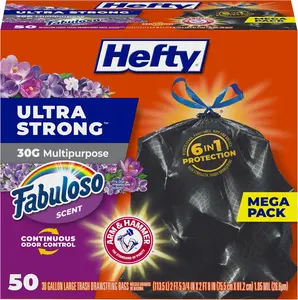 Hefty Ultra Strong 30 Gallon Trash Bags, Large Trash Bags 30 Gallon Size, Multipurpose, Break Resistant Drawstring Closure, Resists Leaks, Punctures, and Tears, Black, Fabuloso Scent, 50 Bags