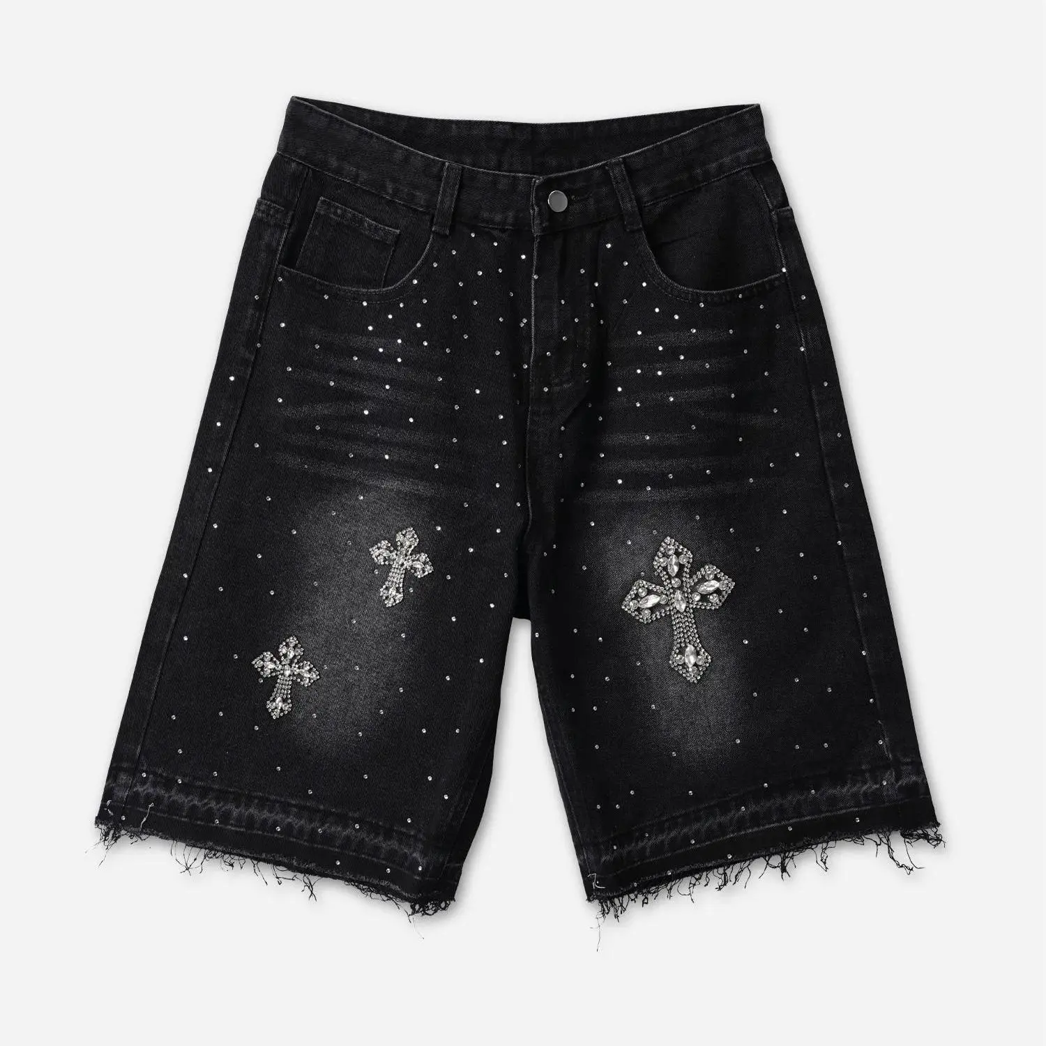 SOPULA Men's Rhinestone Cross Vintage Swag Clothes Denim Shorts, Aesthetic Hip-Hop Street Style, Oversized Baggy Stretch Jeans with Frayed Hem, Soft, Button-Closure