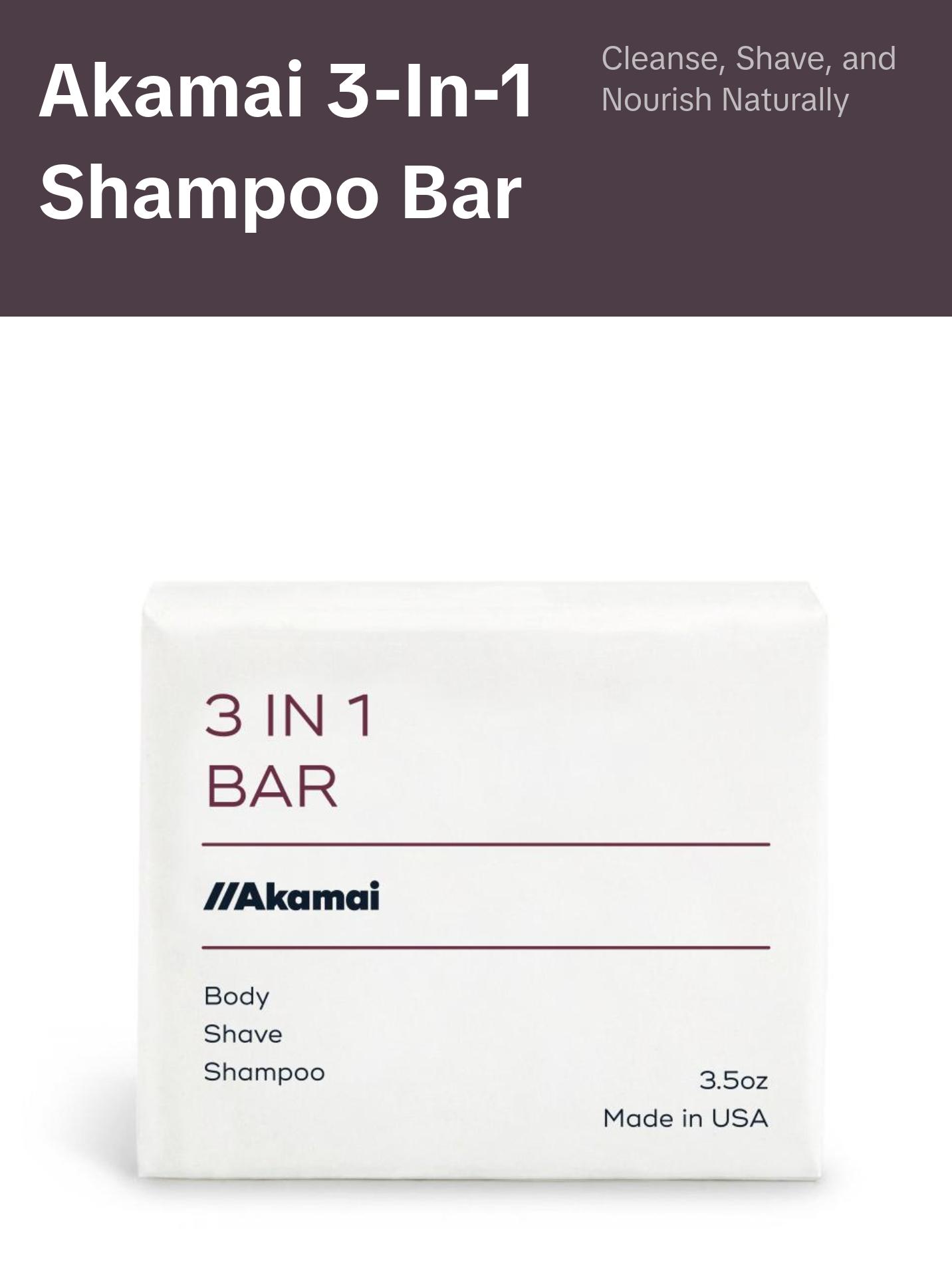 Akamai 3 in 1 Bar - Shampoo, Shave, & Body Wash, Fragrance-Free, 3.5oz
