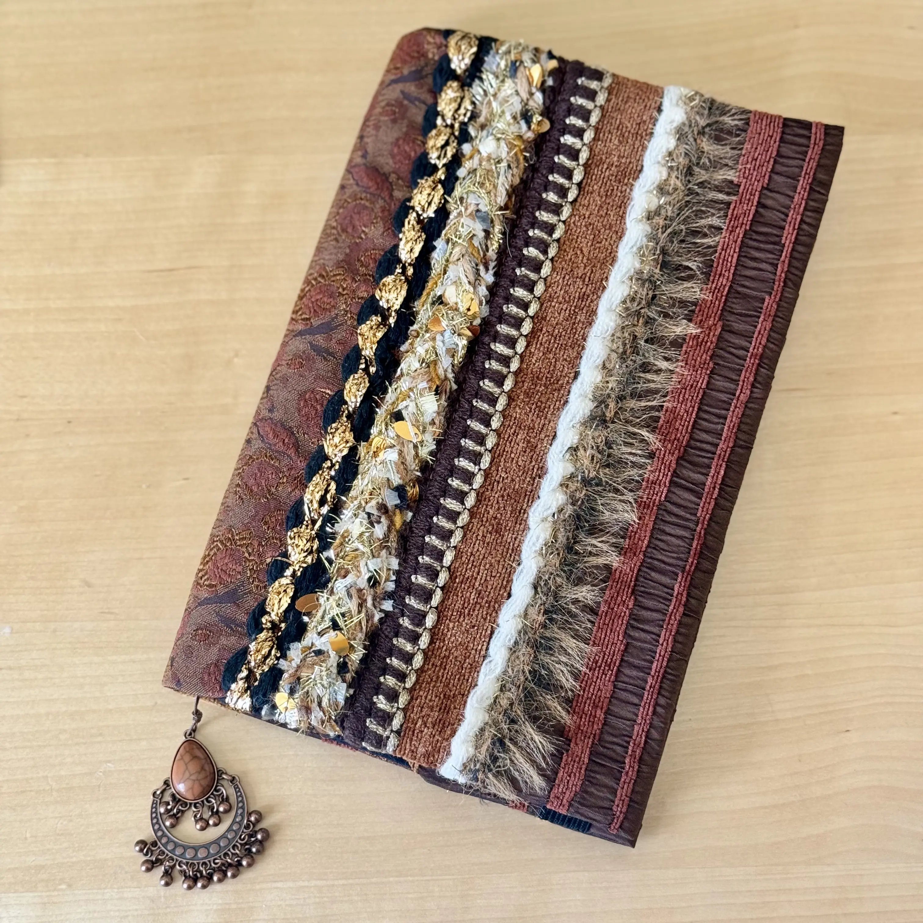 Handmade Boho Embroidered Notebook Cover with Tassels and Sequins, Vintage Ethnic Style Journal Sleeve, Aesthetic Fabric Planner Protector, Unique Bohemian Stationery Gift for Her, A5 Journal Accessories