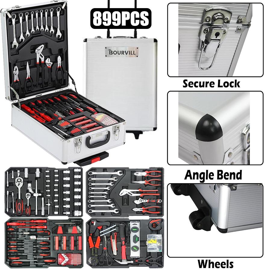 Bourvill 899PCS Large Capacity Metal Hand Toolbox, The Ultimate Home Repair Master Set - Comprehensive Toolbox, With 4 Drawers, General Household Toolkit, Simple And Durable, Auto Repair Repair Tools, No Assembly Required