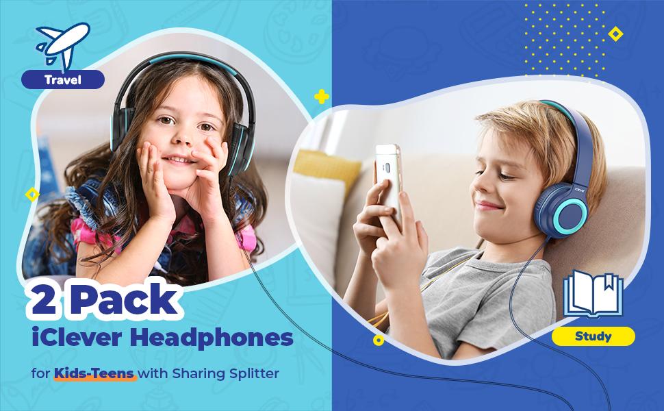 iCleverKids 2-Pack Wired Headphones with Sharing Splitter-HS22 for School Tablet Travel Audio Headset Earbud Electronic
