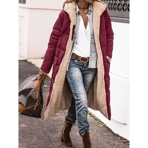 Knee-Length Polyester Long Padded Jacket Coat - Elegant Solid Color Fleece Lined Winter Warmth Outerwear with Zipper Detail Fabric Puffer Womenswear