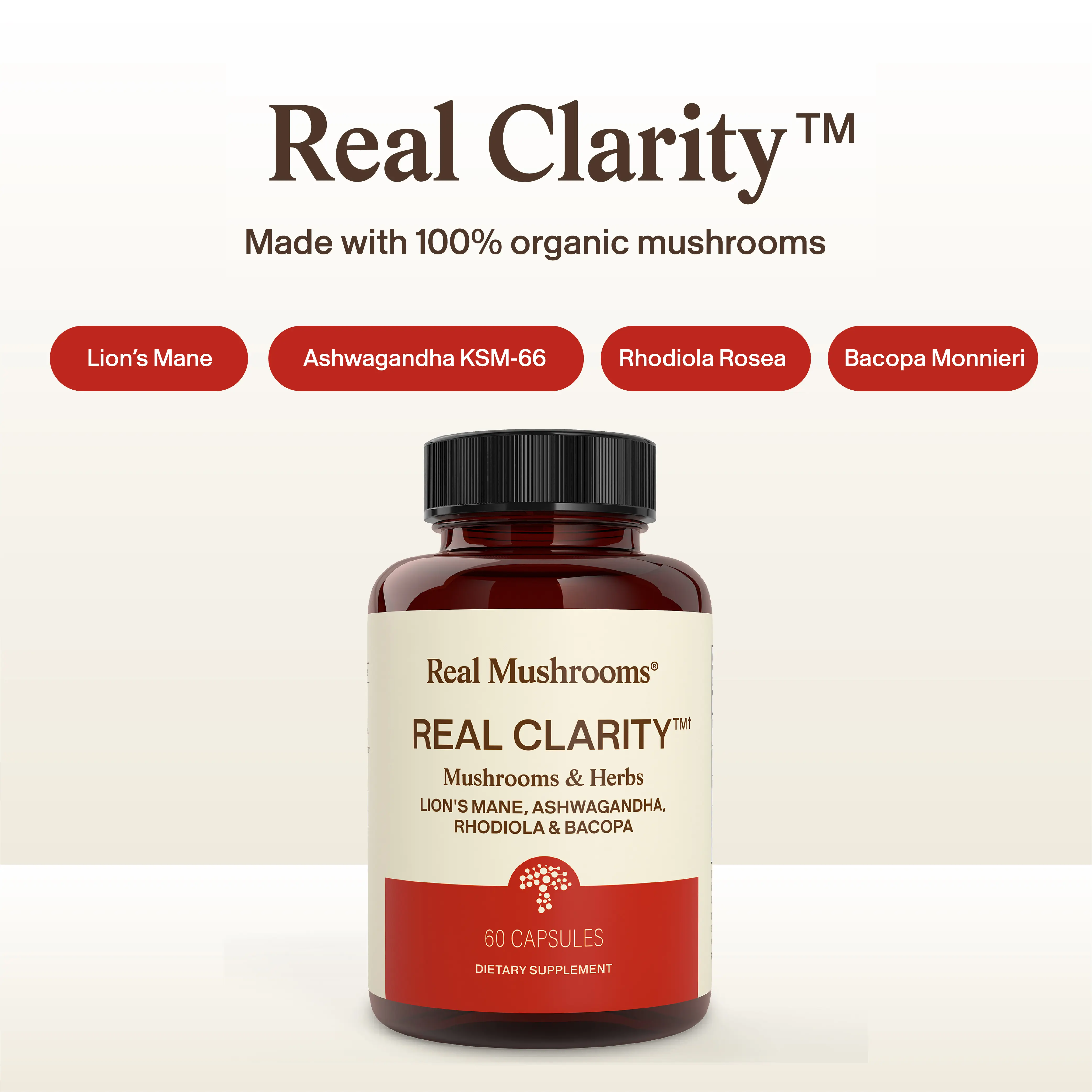 Real Mushrooms RealClarity Capsules | Lion's Mane, Ashwagandha, Rhodiola & Bacopa | Focus, Clarity & Stress Support | 100% Real Ingredients