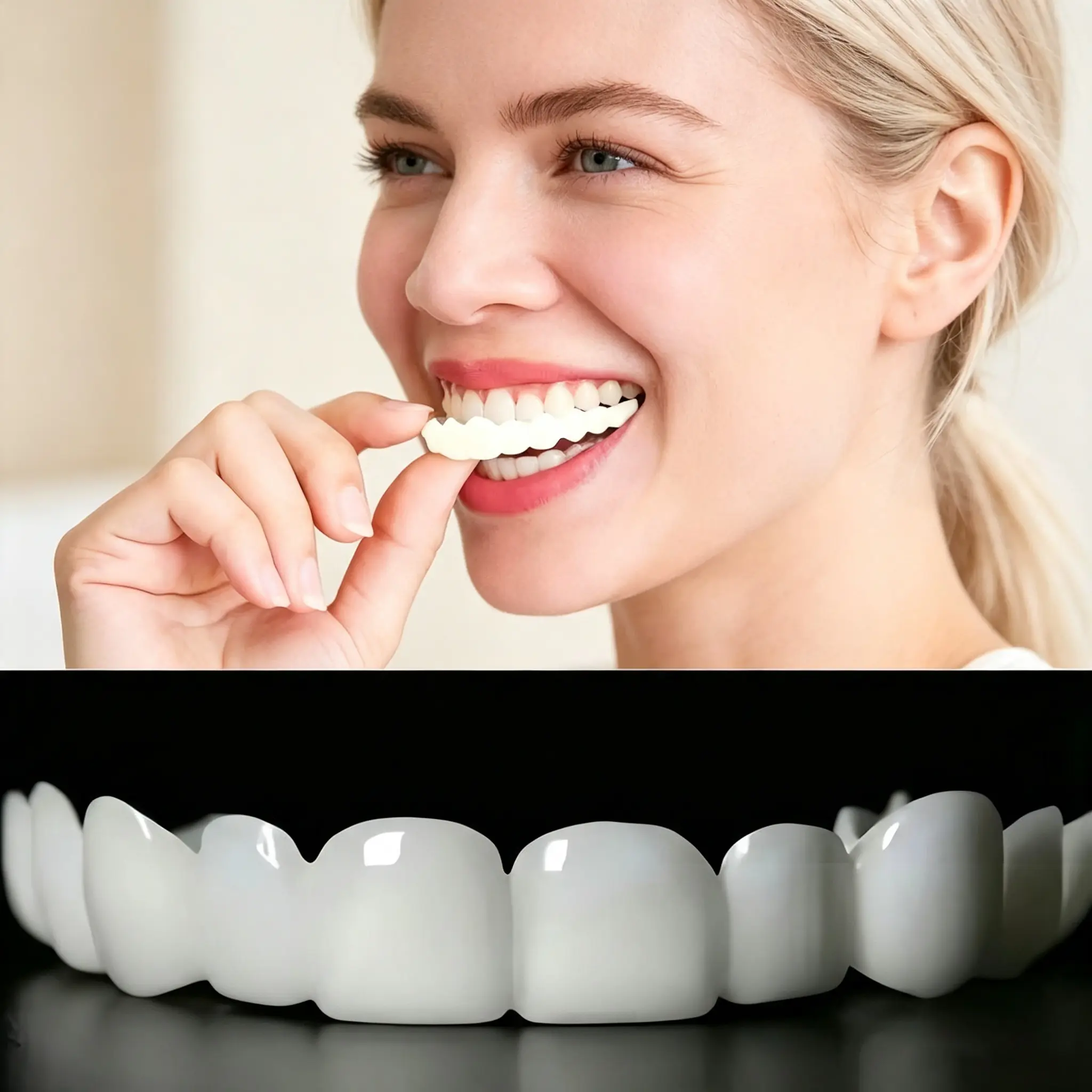 2-Pair Silicone Snap-On Smile False Teeth Set, Polypropylene Instant Veneers, Cosmetic Whitening Covers, Clip-In Top & Bottom Dentures for Teeth Stain Coverage