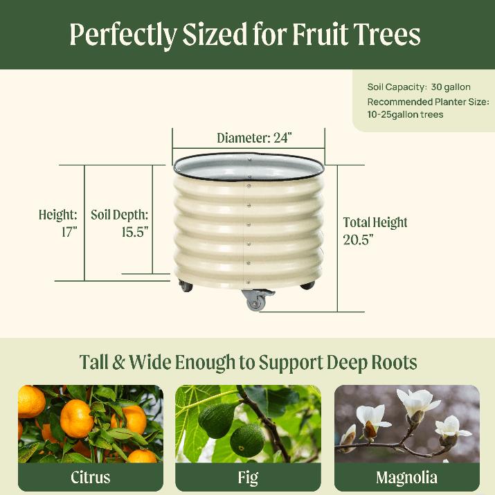 Vego Garden 20 Gallon Rolling Planter Metal Citrus Tree Planter with Wheels for Patio Porch & Backyard Classic Design for Dwarf Trees
