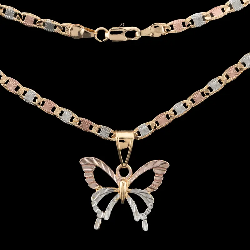 Women's 3-Tone Gold Plated Butterfly Pendant Necklace - 20-in/24-in Chain Link, Fashionable Jewelry, Sparkly Geometric Design, Ideal for Daily Wear, Anniversaries, Birthdays