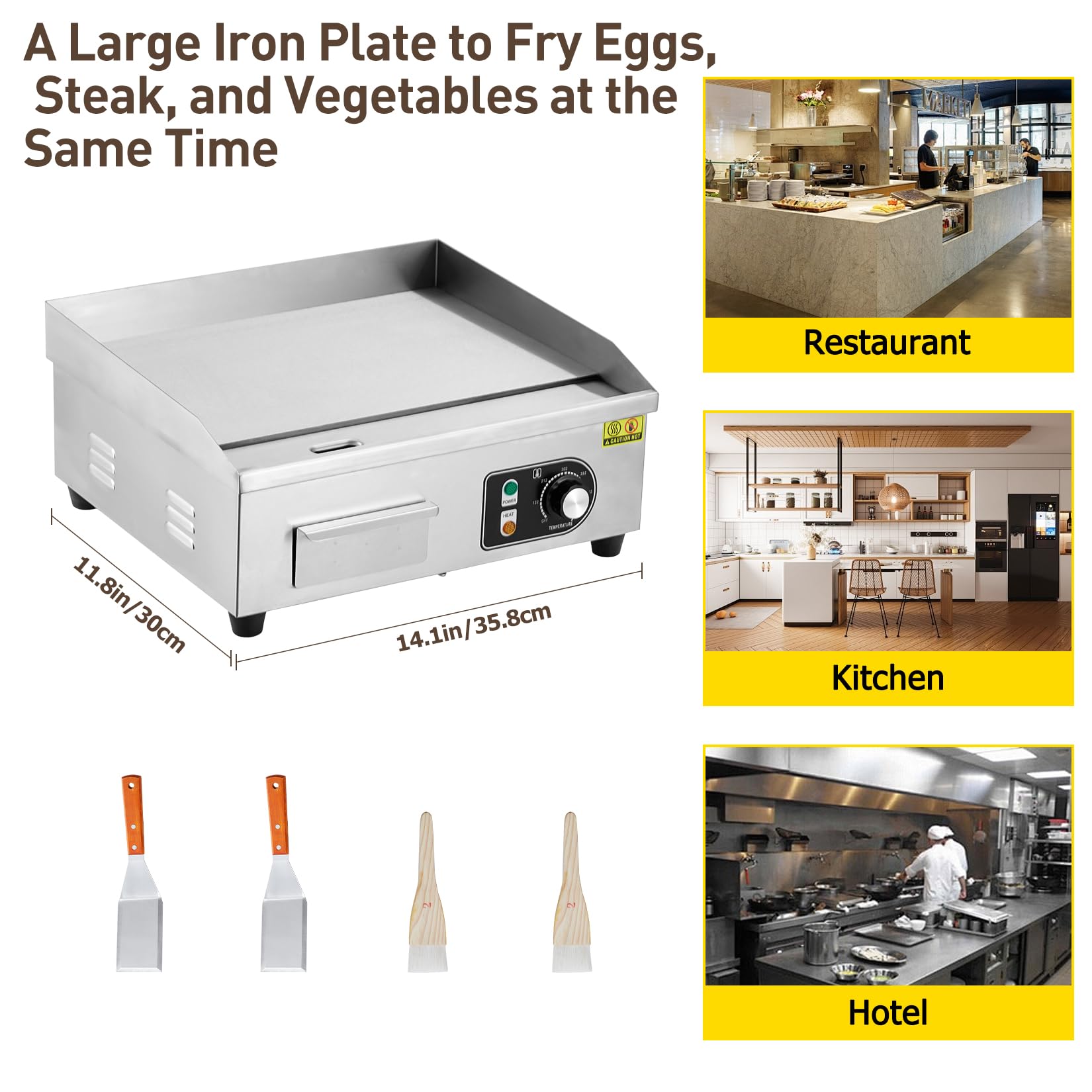 【GARVEE】Commercial Electric Grills in 14, 18, 22, and 30-inch Sizes with 1500W to 3000W Power, Non-Stick Stainless Steel Surface, and Adjustable Temperature Control from 122°F to 572°F for Home and Restaurant Use