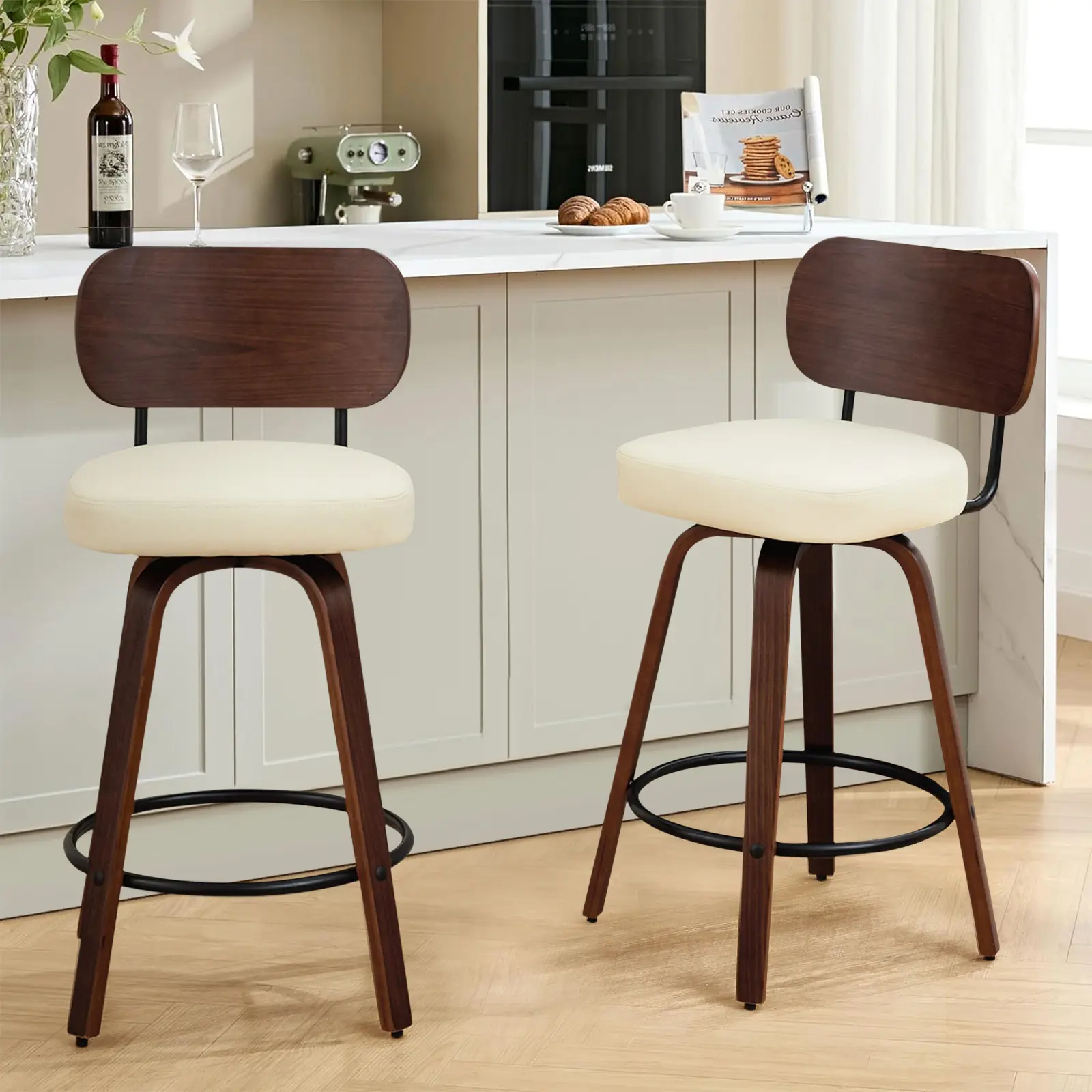 Swivel Bar Chair Set of 2, 26" PU Leather counter Height Upholstered Island Bar stools with Walnut Back & Bentwood Legs for Island Kitchen Counter Bar, modern 360° Rotation Faux Leather Cushion