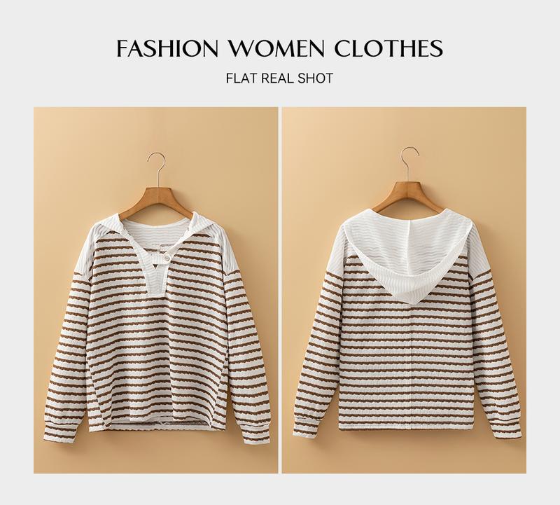 Asvivid Women's Striped Hooded V Neck Casual Long Sleeve Tops - Comfy & Stylish Everyday Wear - Spring Fall Pullover Top with Buttoned Strap Detail Asvivid Women's Striped Hooded V Neck Casual Long Sleeve Tops - Comfy & Stylish Everyday Wear - Spring Fall Pullover Top with Buttoned Strap Detail