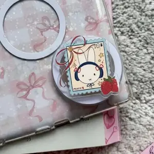 Strawberry Bunny Phone Grip, Cute Rabbit Magnetic Kindle Accessories, Kawaii GripTok mount Foldable Wireless pop socket