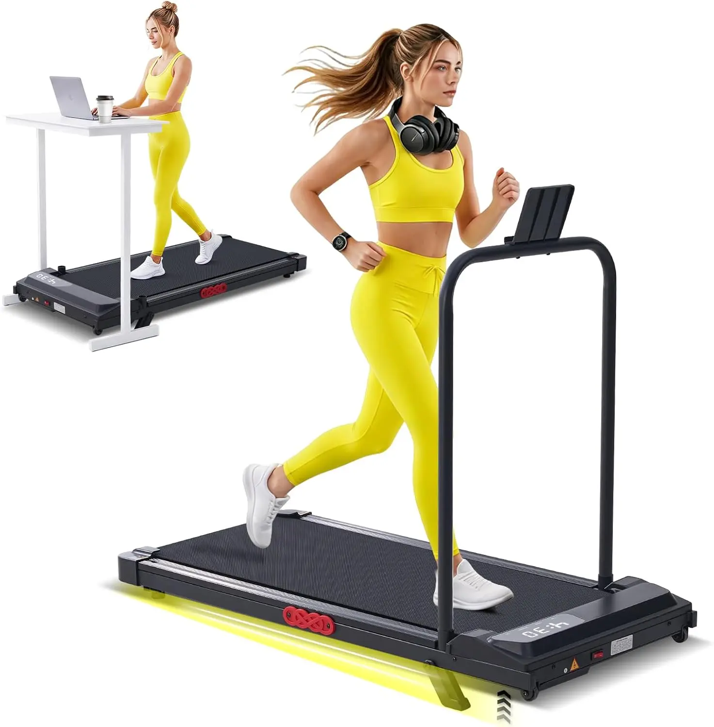 3-in-1 Foldable Under Desk Walking Treadmill - Home Gym Equipment with Handles, Remote Control, LED Screen, 350 lbs Capacity, Portable Lightweight for Home Workout