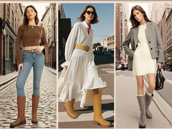 Athlefit Women's Banana Mid Calf Boots Square Toe Wide Calf Slip On Chunky Riding Boots for Women Low Heel Shoe Footwear Stylish Leather